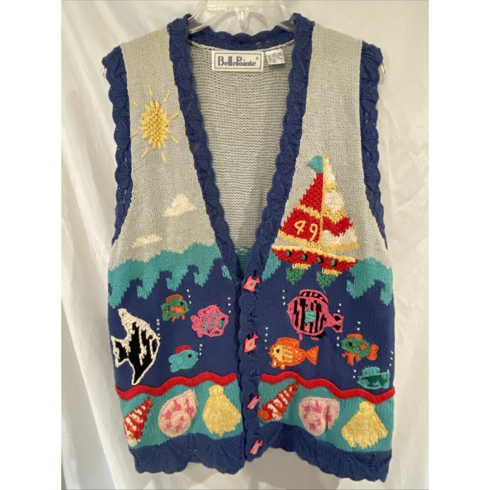 VTG BellePointe Fish Cardigan Sweater Vest Womens Medium Boat Nautical Whimsical